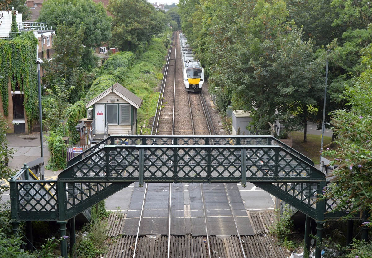 Charlton Lane railway crossing, box and bridge from above tunnel
