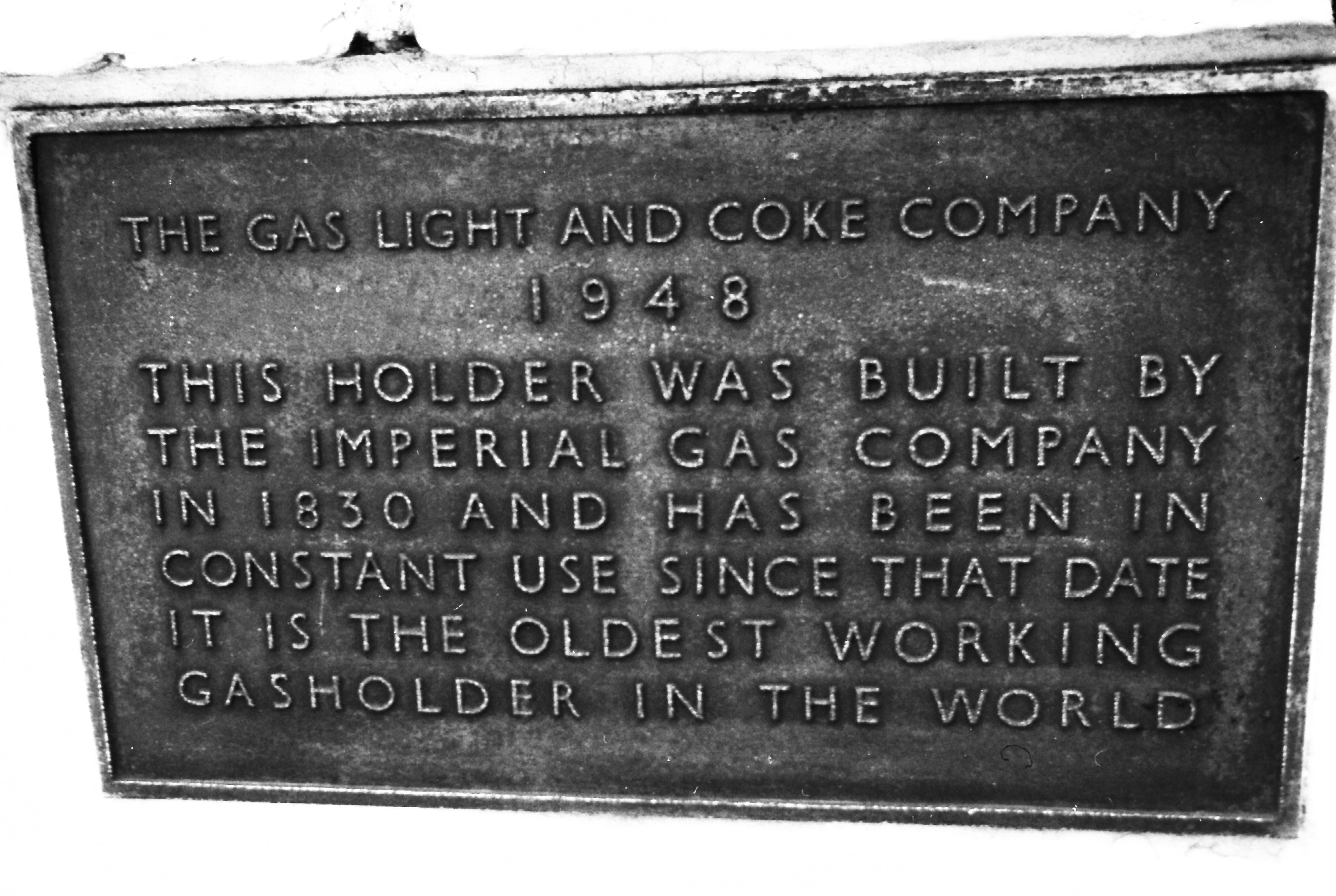 The 1948 plaque recording the significance of Gasholder No. 2 - regrettably since 'lost' - Michael Bussell