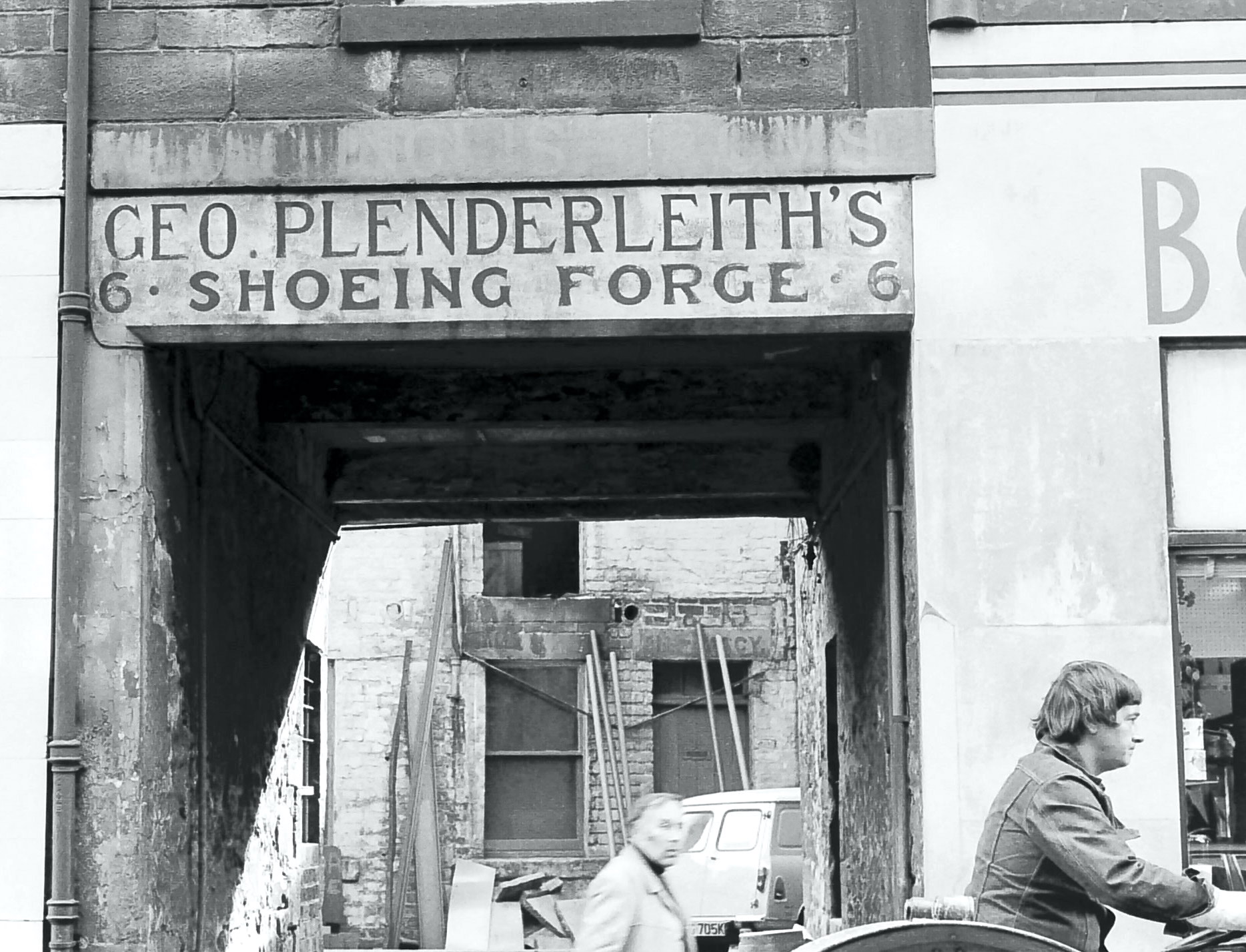 Geo. Plenderleith's shoeing forge. Sidney Ray