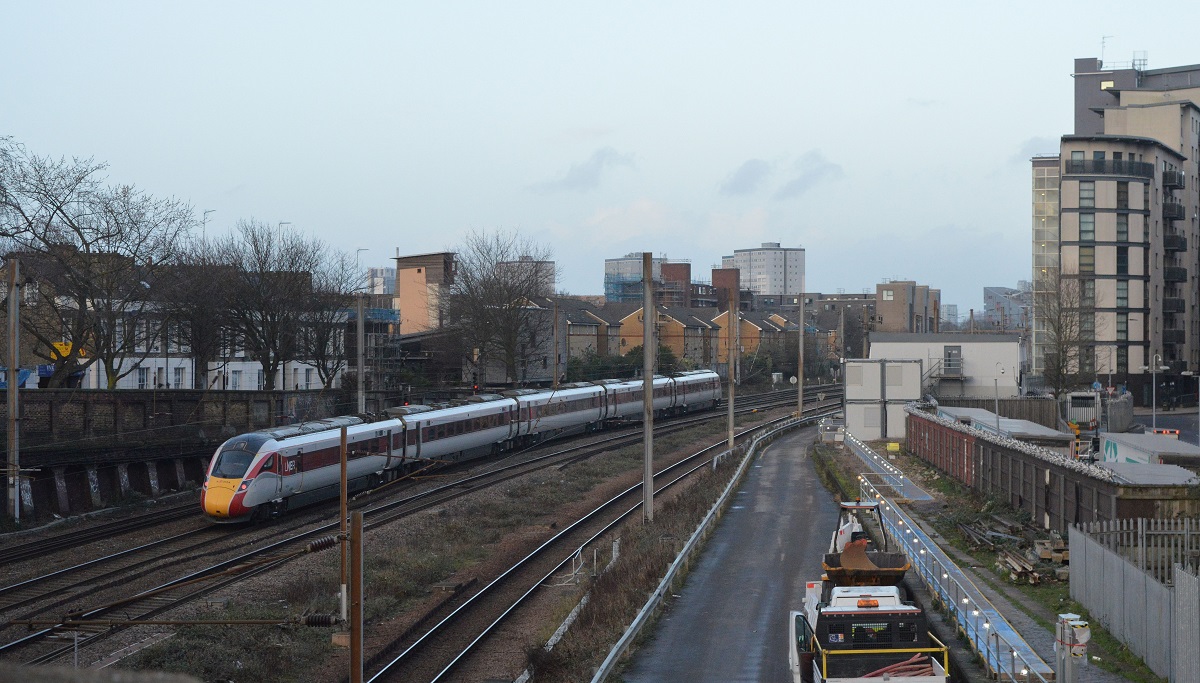 3. Holloway cattle depot platform edge. Yellow lorry on site of railway siding