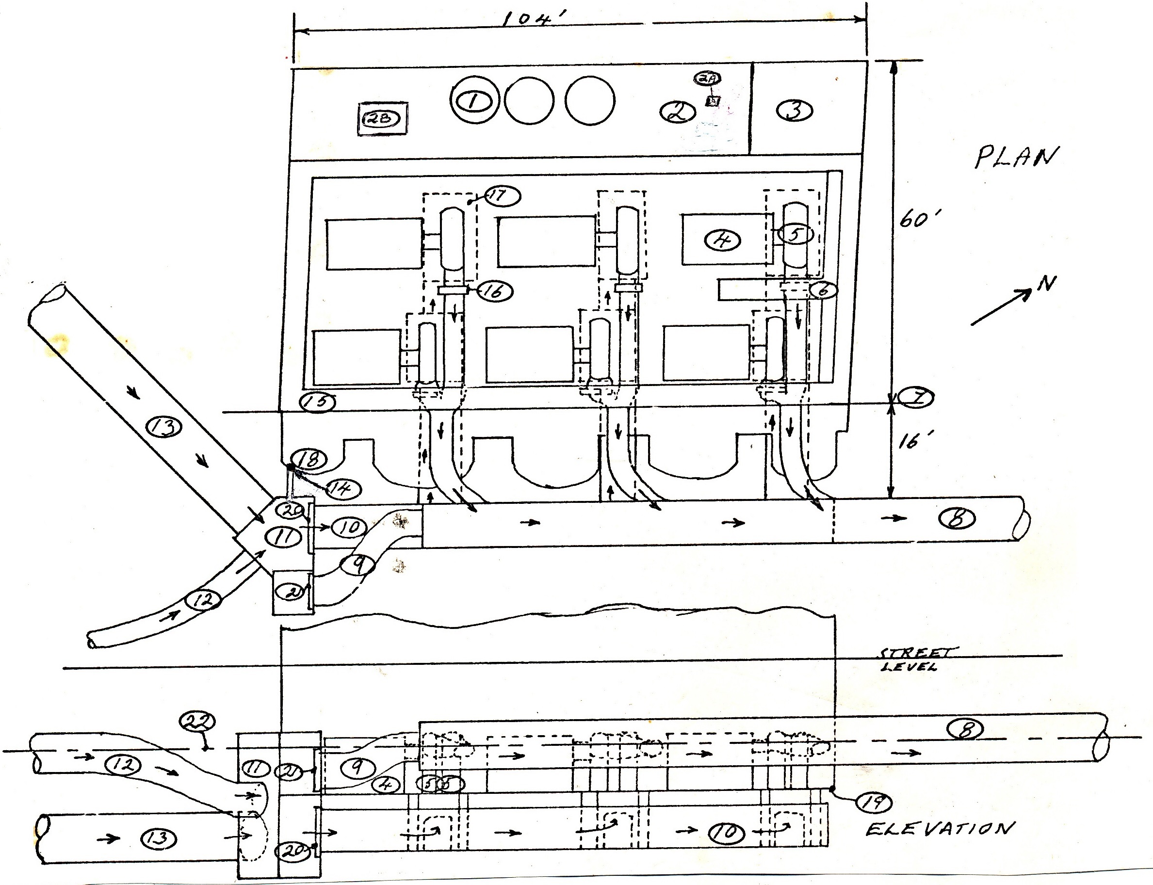 General arrangement of the pumping station - plan and elevation