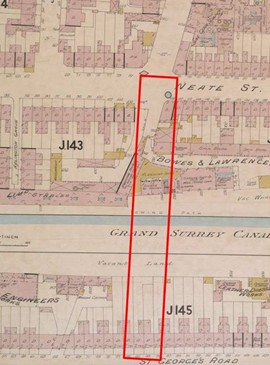 Proposed location of the bridge - 1895 Goad Insurance plan Sheet J21 (Wikimedia Commons)