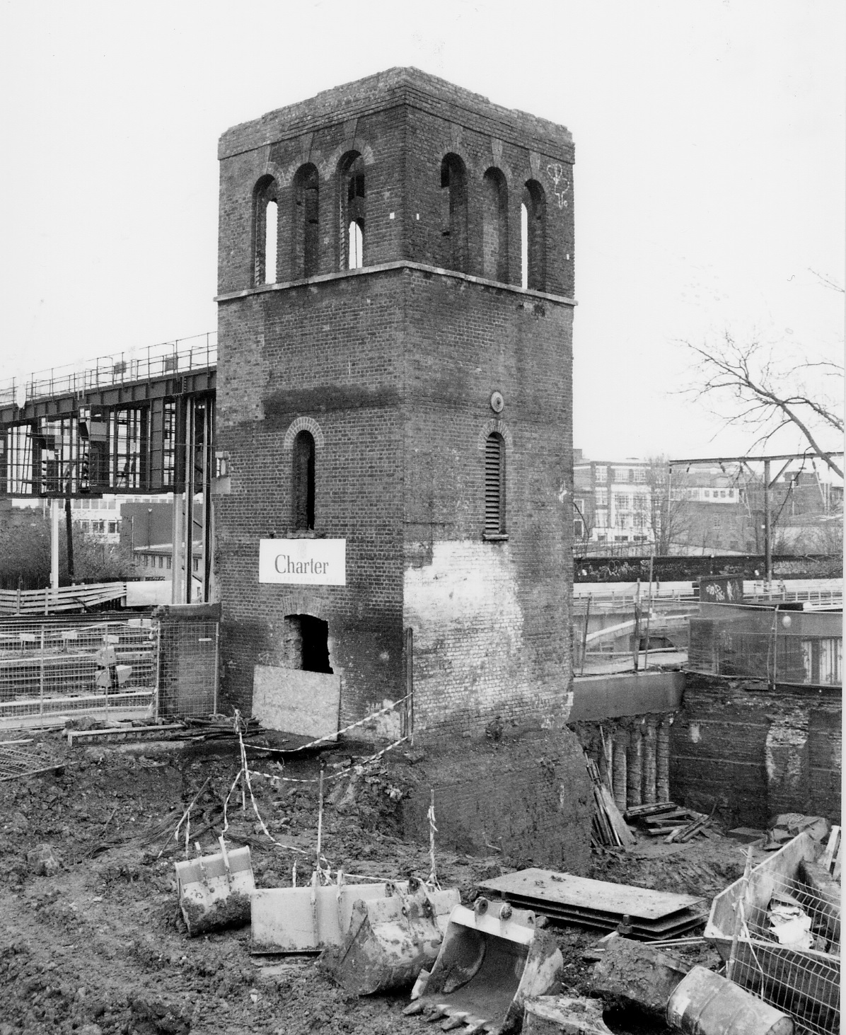 The tower from the west during building works in early 2001