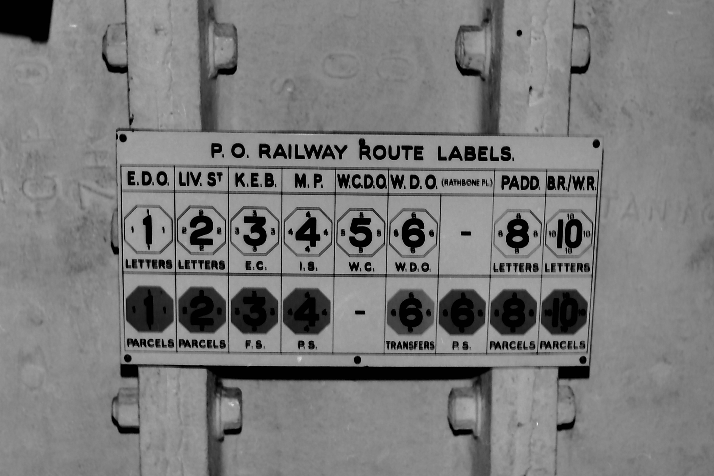 Labelling codes for the various sorting offices along the route © Michael Bussell 1976